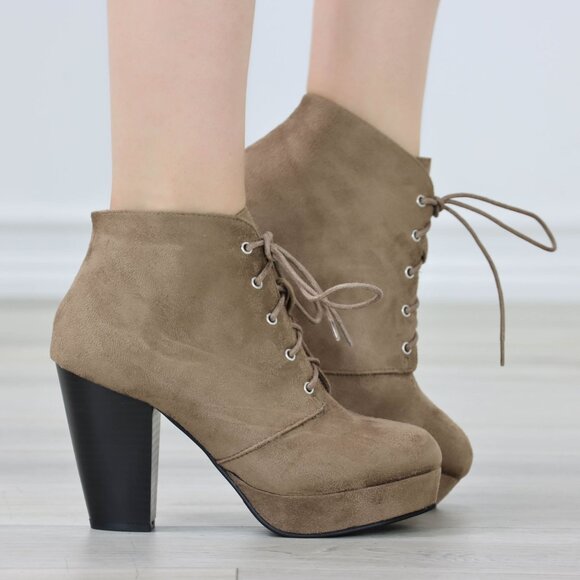 Womens Ankle Boots Lace Up Block Heel Booties Taupe Brown Suede - Picture 1 of 11